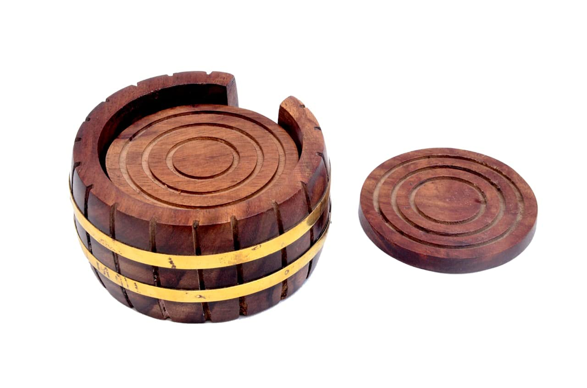 Wooden Barrel Design Coasters Set of of 6 for Tea Cups Mugs Beer Cans Bar Tumblers and Water Glasses Lotus with Two Brass Belt Inlaid Design
